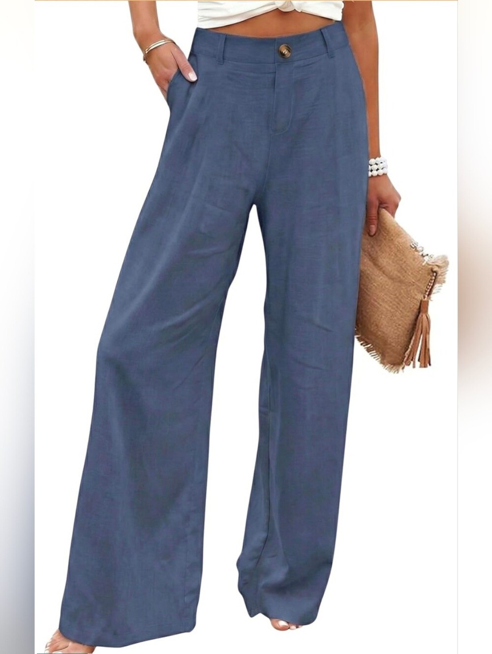 Womens Cotton Linen Pants Casual Button Up High Waisted Wide Leg Trousers XS